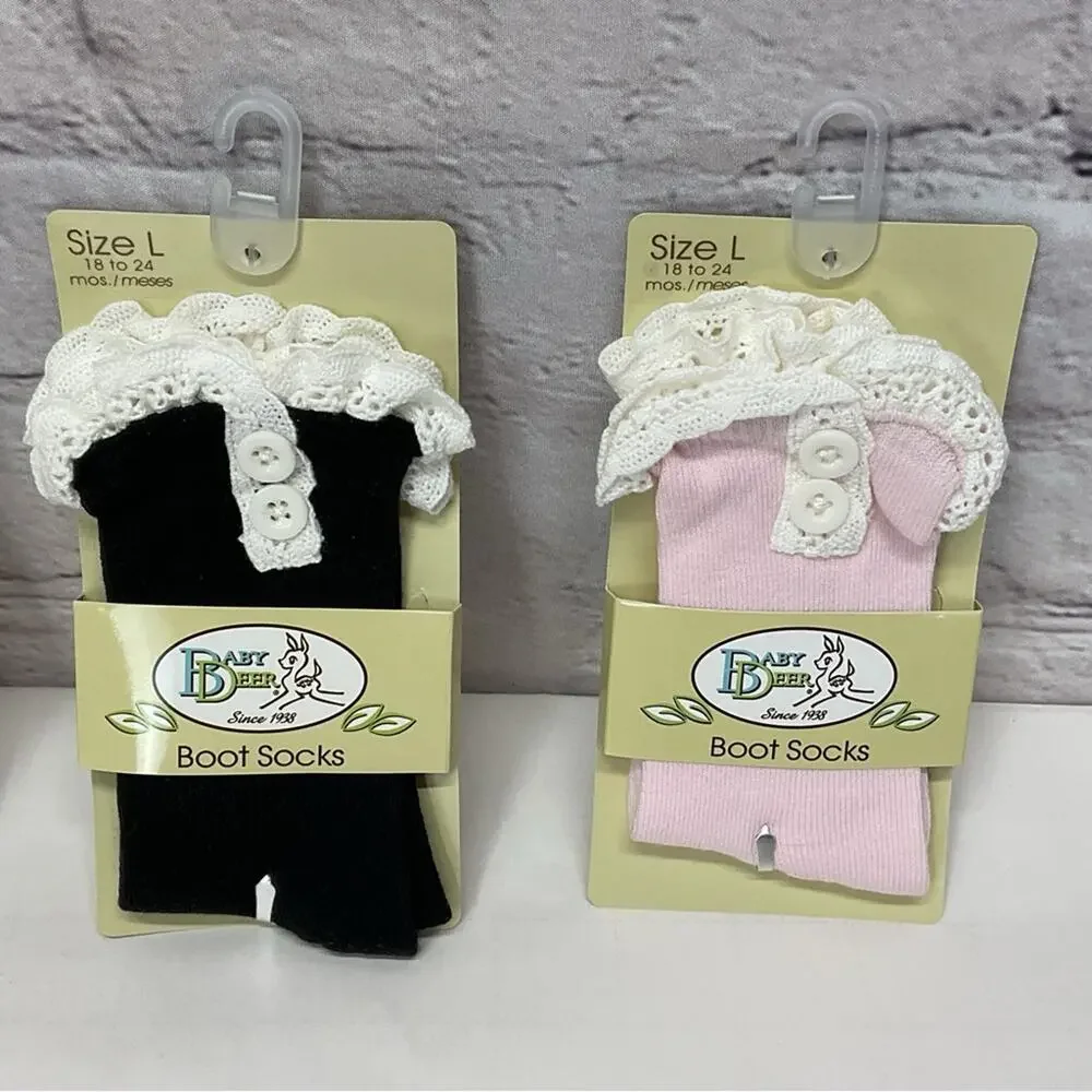 Baby Deer Boot Socks Girl's L (18-24mo) Ivory Pink Black Lace/Button Trim 3 Pair